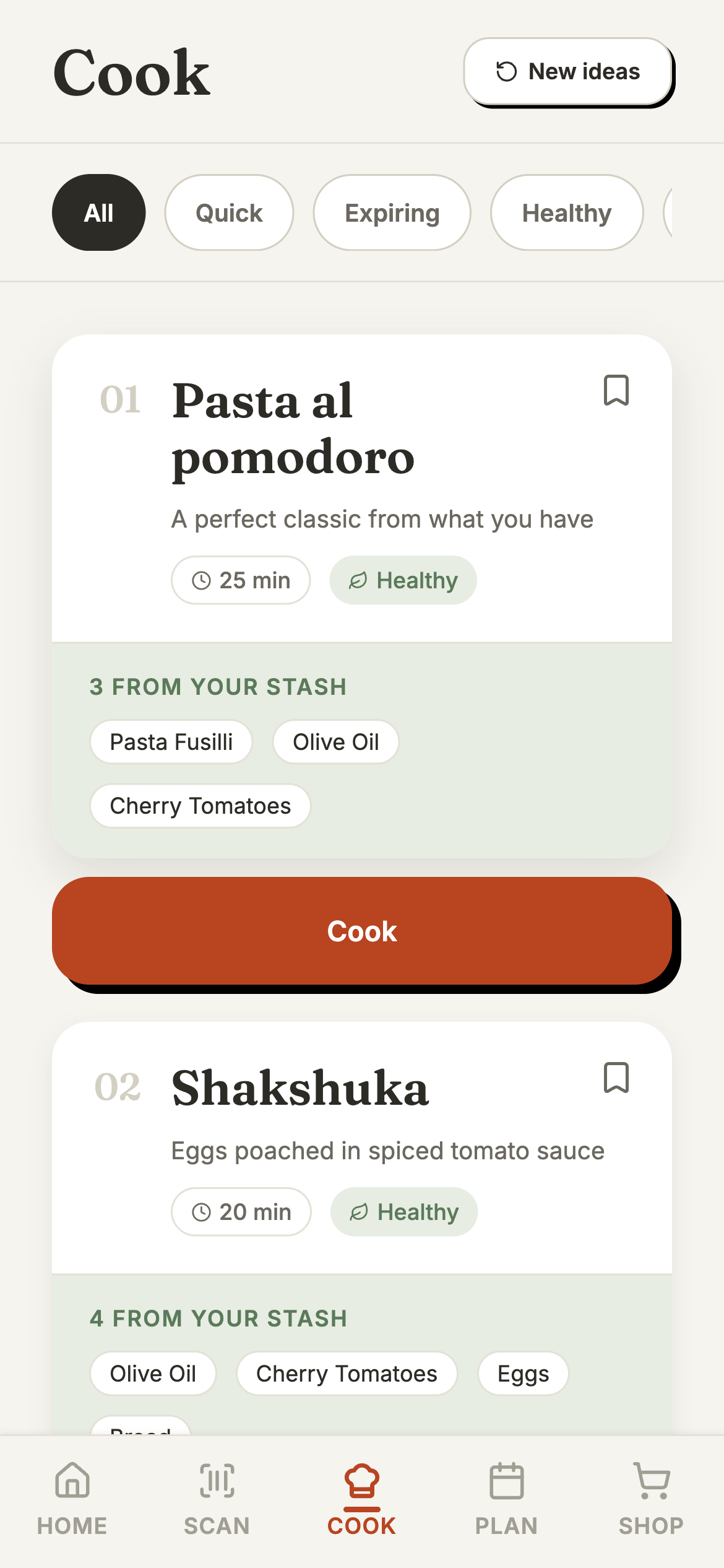 Stash's Cook tab showing Pasta al pomodoro, with three ingredients already in the stash: Pasta Fusilli, Olive Oil, and Cherry Tomatoes.