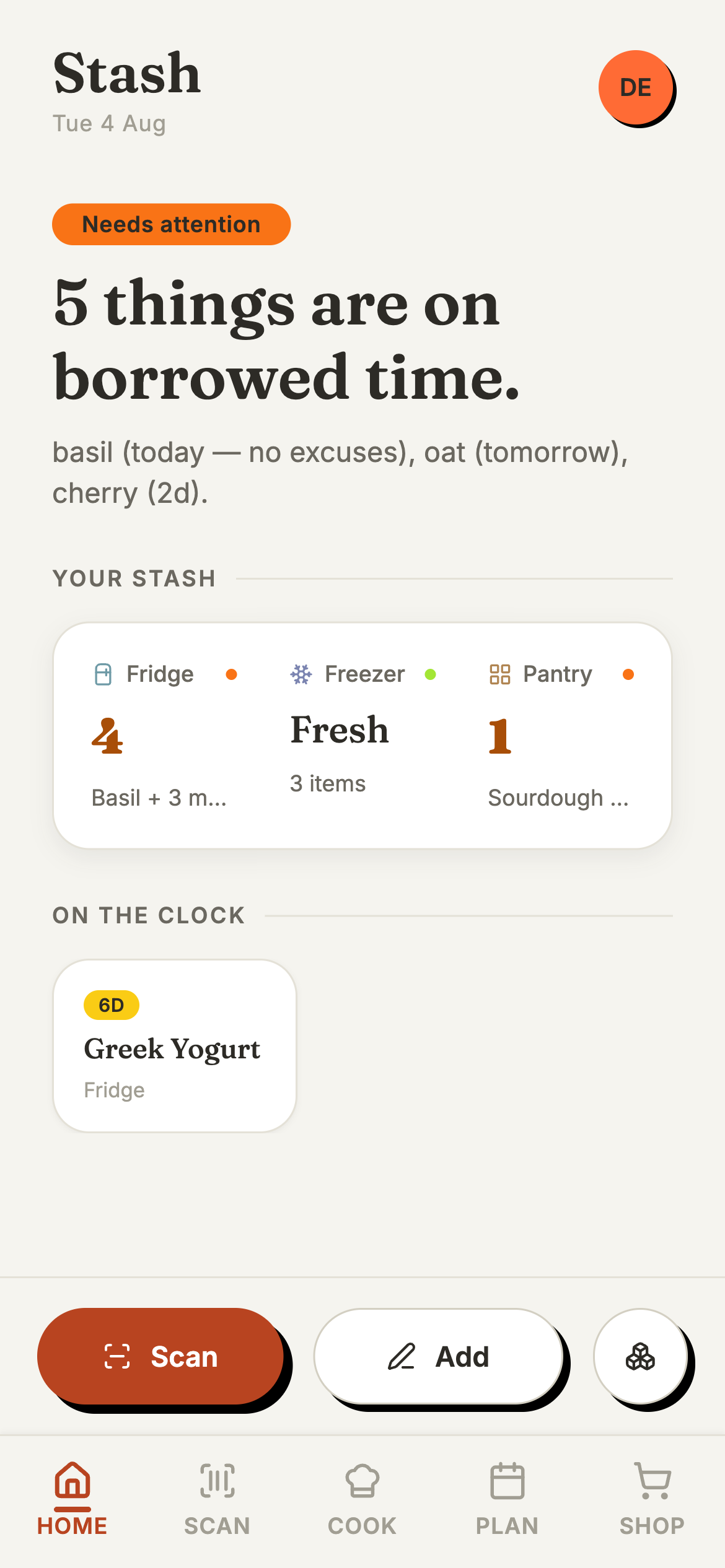 Stash's Home screen showing an urgent nudge: 5 items expiring soon, led by Basil.