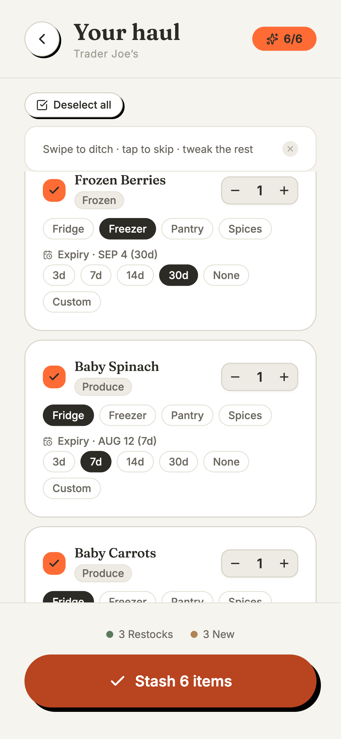 Stash's receipt review screen showing three new finds, Frozen Berries, Baby Spinach, and Baby Carrots, under Fresh finds, each with a realistic expiry guess.