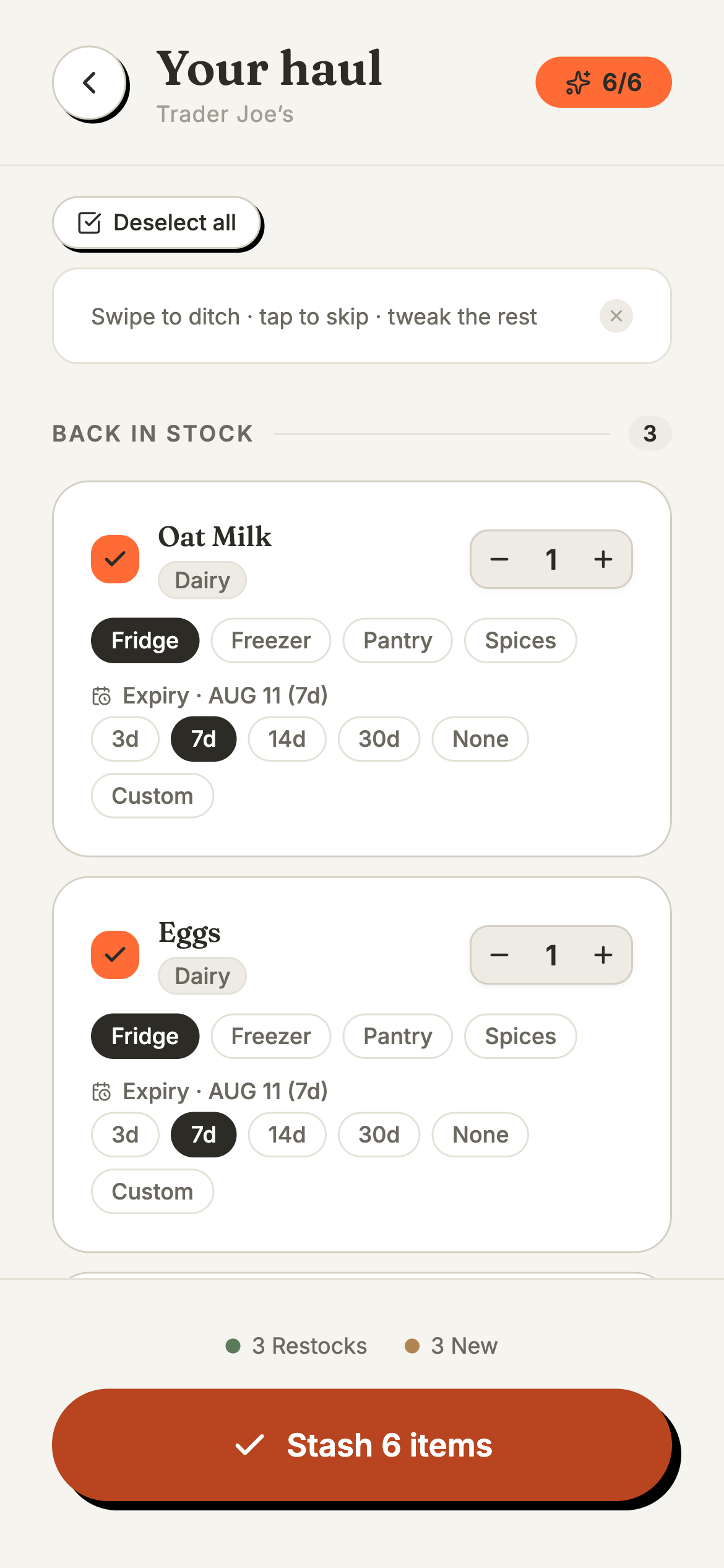 Stash's receipt review screen showing three restocked items, Oat Milk, Eggs, and Cheddar Cheese, already checked off under Back in stock.